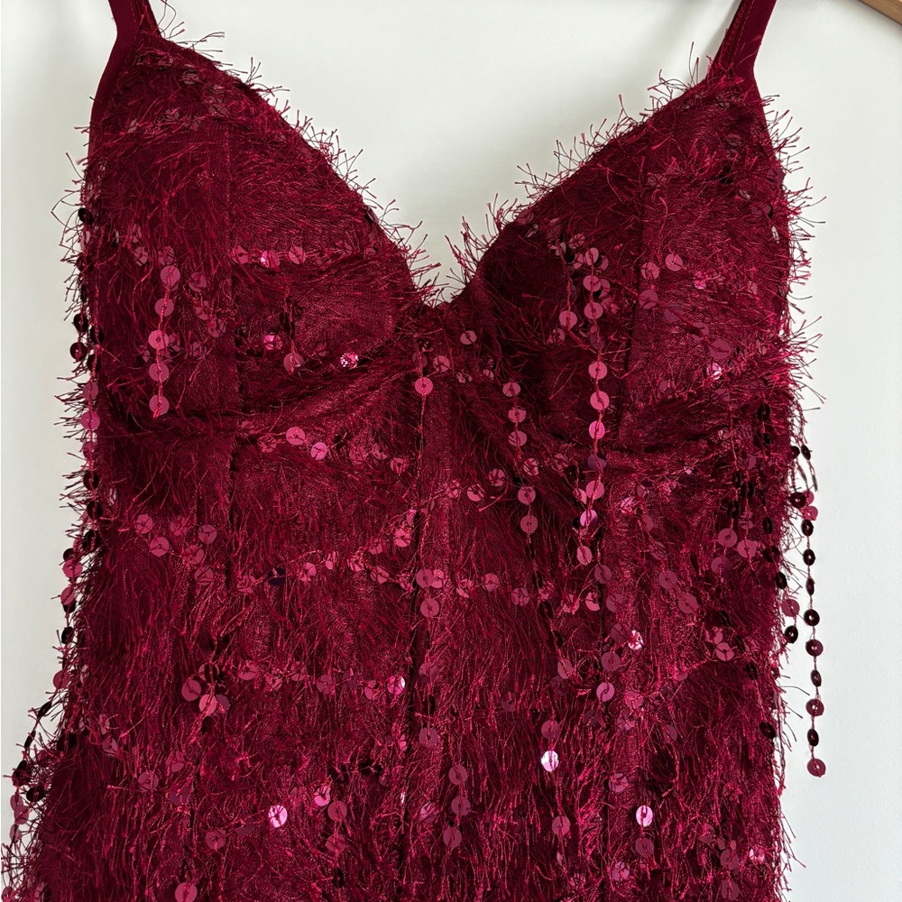 Jluxelabel Burgundy Sequin Fringe Top